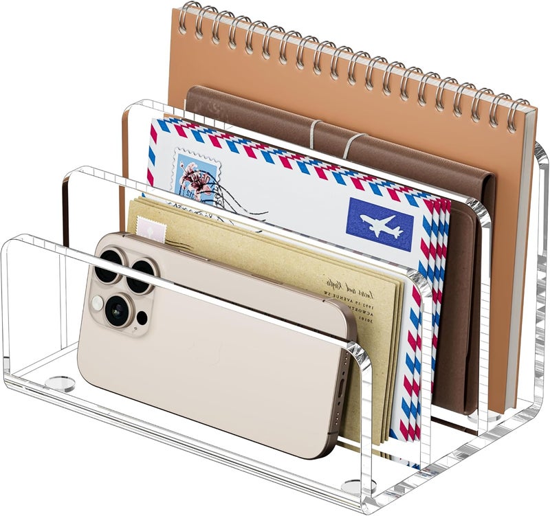 FUCDTEFC Desk Mail Organizer, 3 Section Clear Acrylic File Holder Letter Organizer, Vertical Lightweight Modern Envelope Holder Desk Accessories & Workspace Organizers for Office, Home, School - Image 1